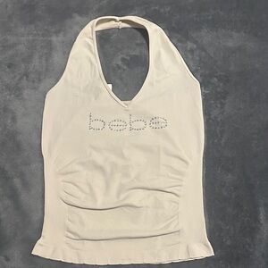 Bebe Tan V-Neck Top with Rhinestone Logo